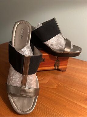 Alfani Silver Metallic & Black Elastic Wedge Sandals with 3” heel.